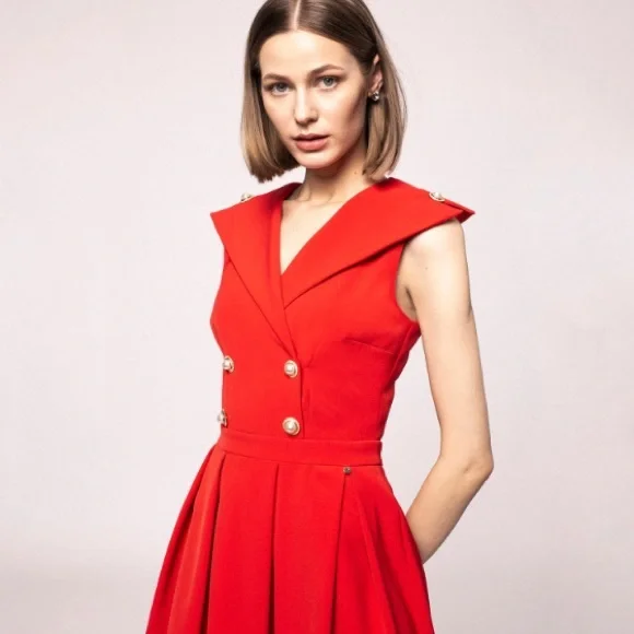 Nissa | Dresses | Nissa Red Lapel Pearl Button Sleeveless Midi Dress Womens  Size 8 | Poshmark
